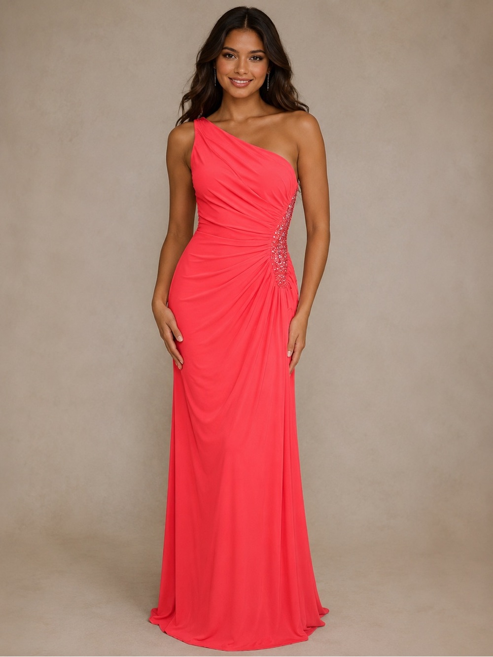 Caché One-Shoulder Coral Evening Gown with Side Beading
